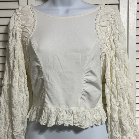 Free People Oliva Cream Ruffle-Trim Long Sleeve Blouse - Picture 3 of 11